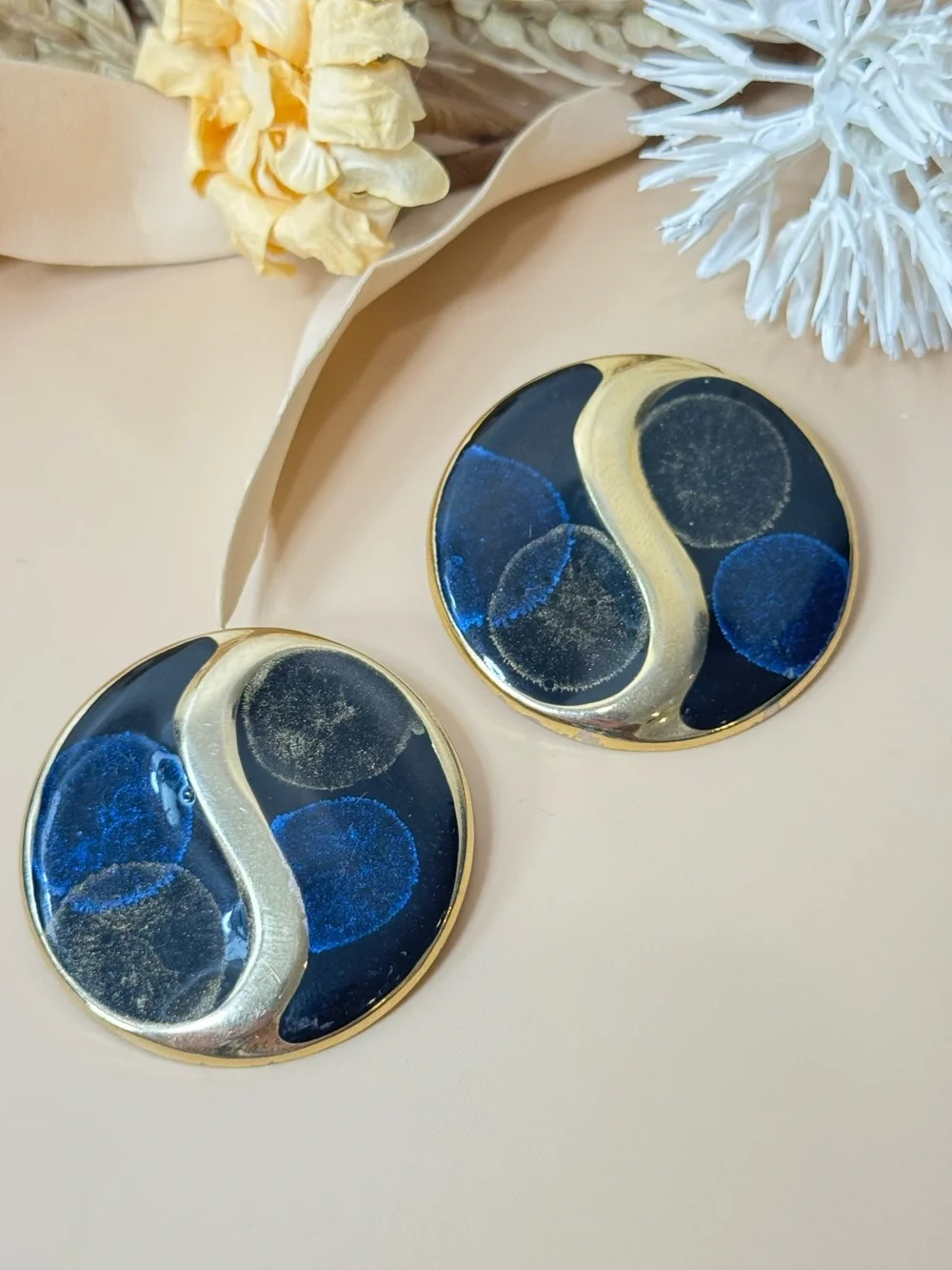 Vintage Oversized Round Blue Black Gold Tone Abstract Statement Earrings